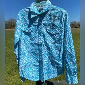 Cowgirl Hardware Cross Turquoise Zebra Western Rodeo Show Shirt Medium